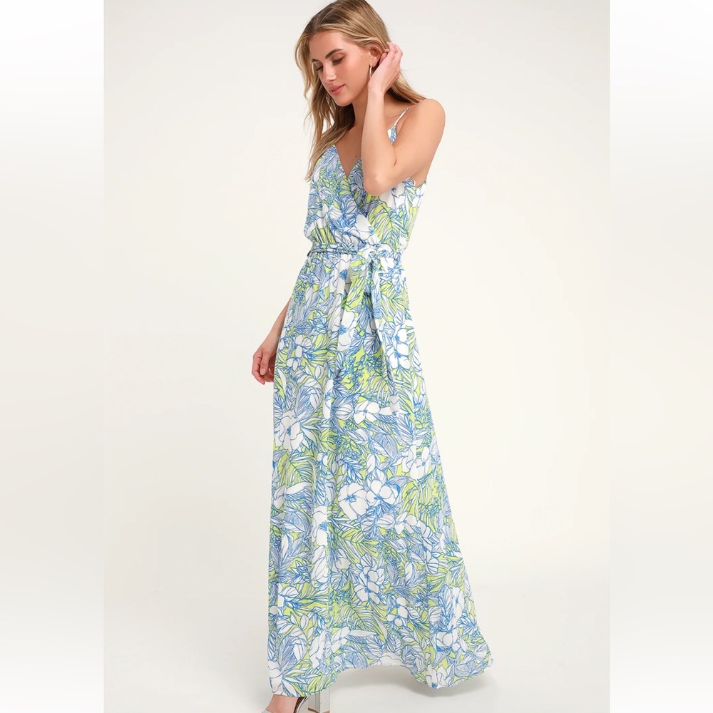 NWT Lulus Wedding Guest Dress Sunrise in Paradise Blue Multi Tropical Print Maxi